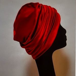 Womens Red Stretch Velvet Beanie Hat, Scrunchie Soft Handmade Hat